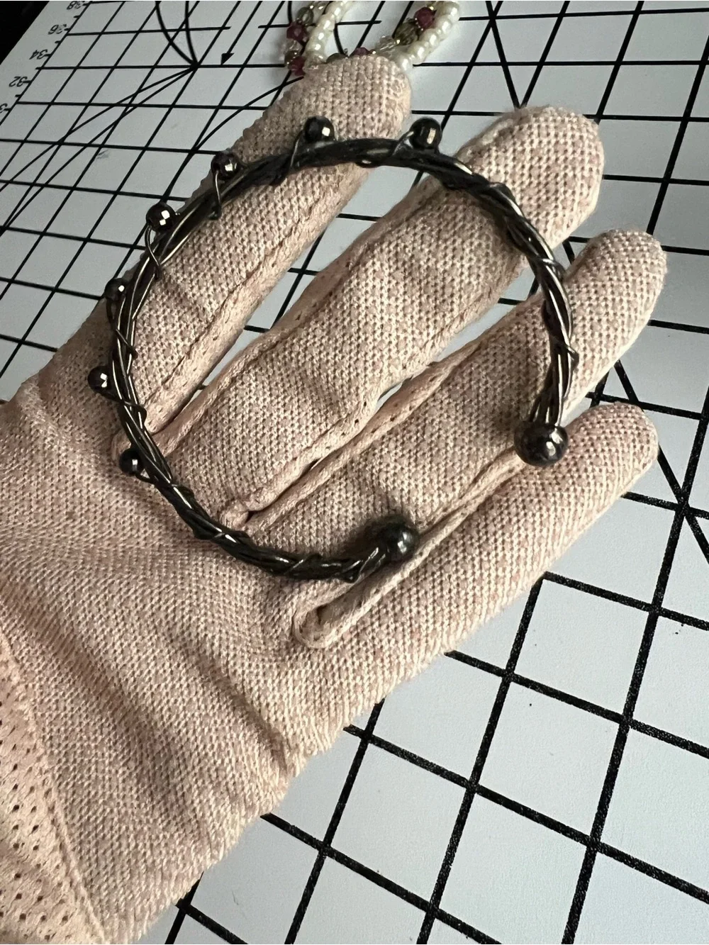 Vintage Gunmetal Twisted Wire Vine Cuff Bracelet Beaded Statement